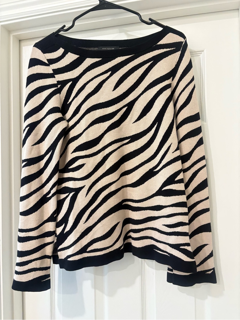 Ann Taylor Black and Cream Zebra-Print Boatneck Sweater